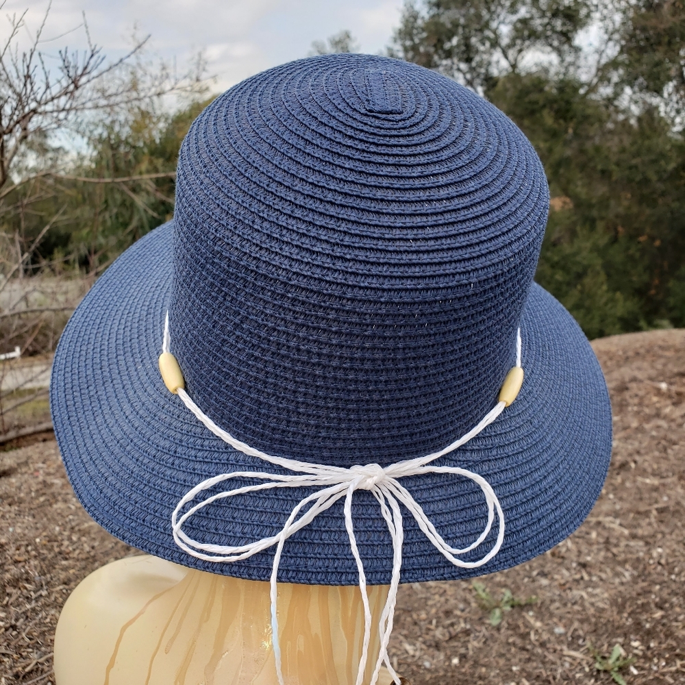 Dark Navy Blue White and Beige Beaded Accent Tapered Brim Summer Sun Hat